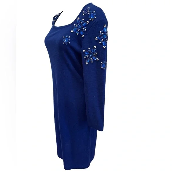 90s OUTLANDER ROYAL BLUE KNIT BODYCON MIDI DRESS & BLUE GEM & PEARL ACCENTS SZ M - Picture 4 of 7